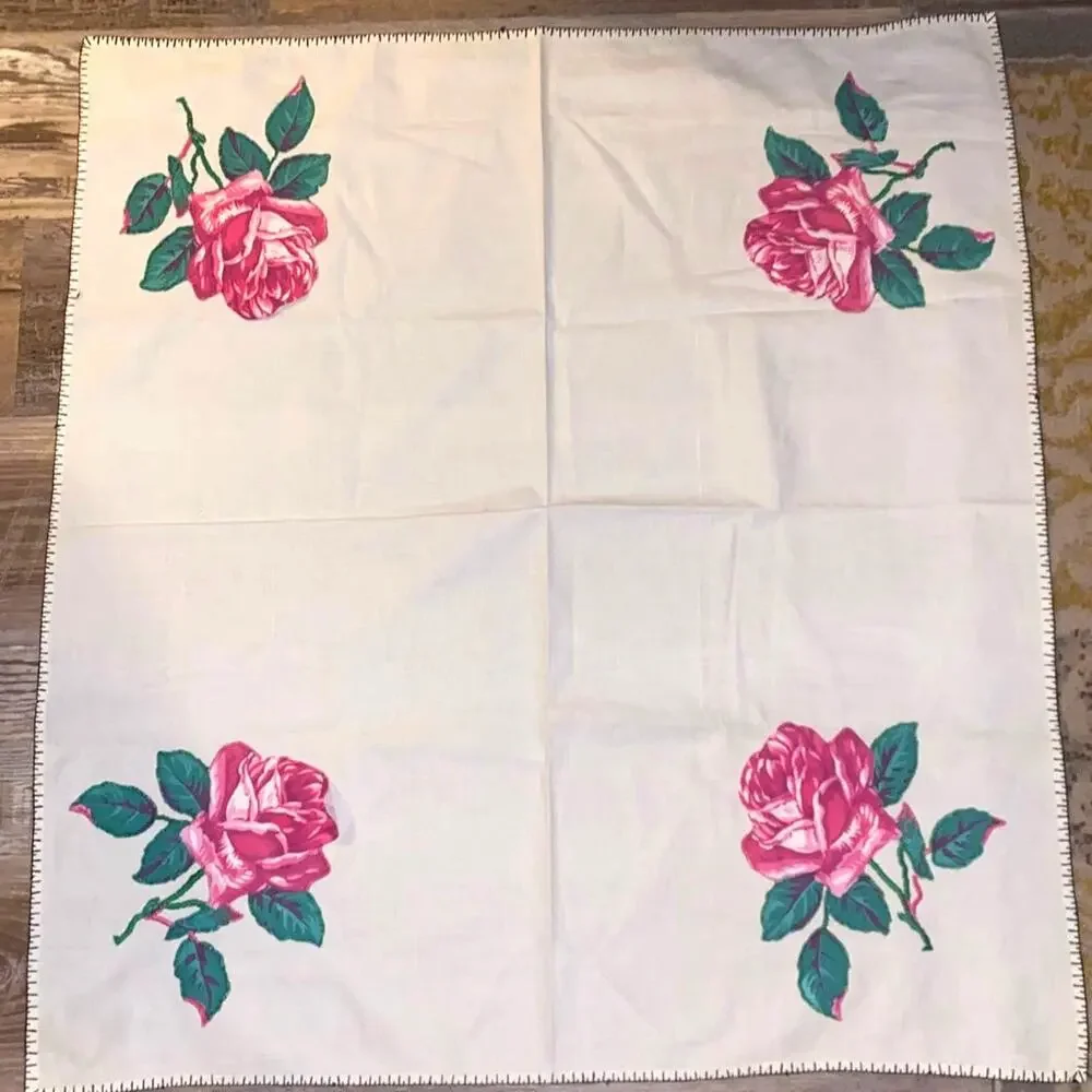 Vintage Square Table Linen with Rose Design Corner Pockets Kitschy Decor